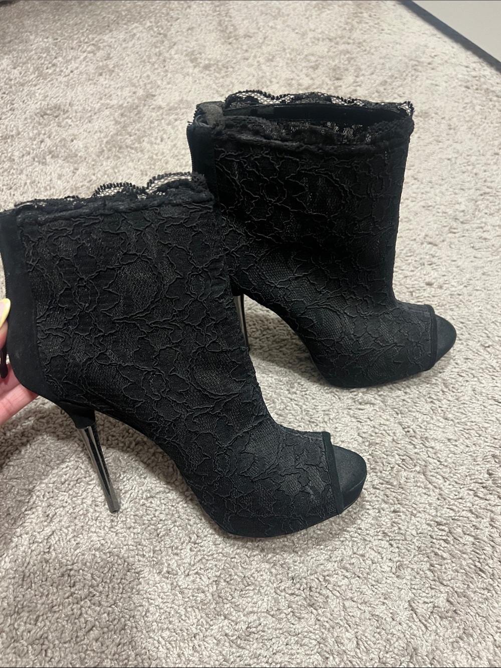 BEBE Black Lace Peep-Toe Stiletto Ankle Booties